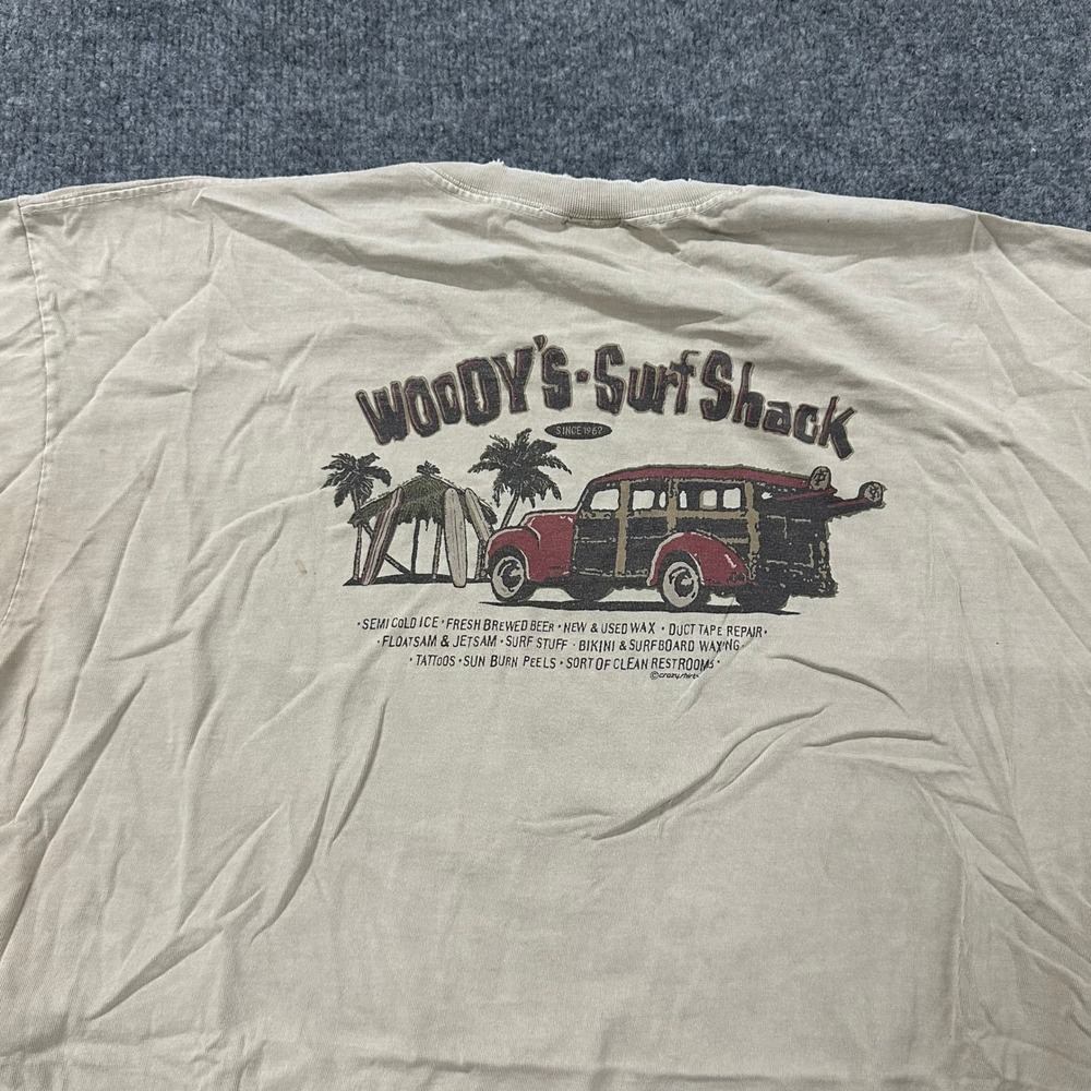 Crazy Shirts T-Shirt Mens XL Tan Woody's Surf Shack Hawaii Graphic Distressed